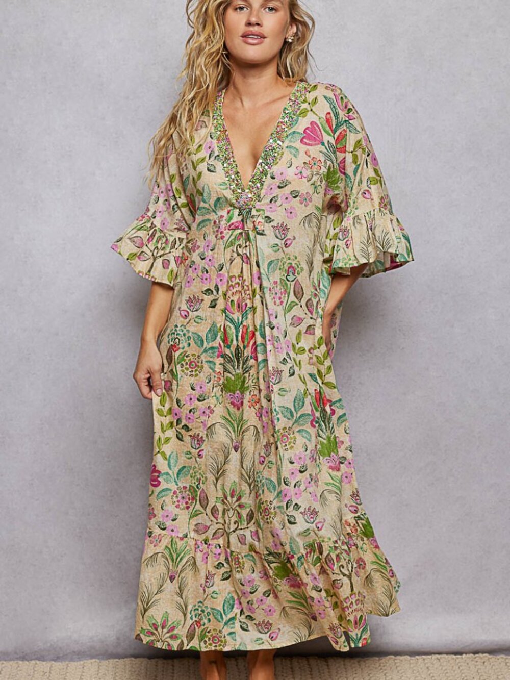 POL Beaded Neckline Kaftan Dress - Picture 5 of 6
